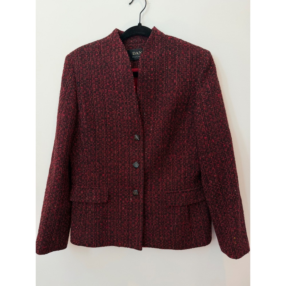 Dana Buchman Women's 12 Red Black Boucle 100% Wool Blazer Jacket Lined